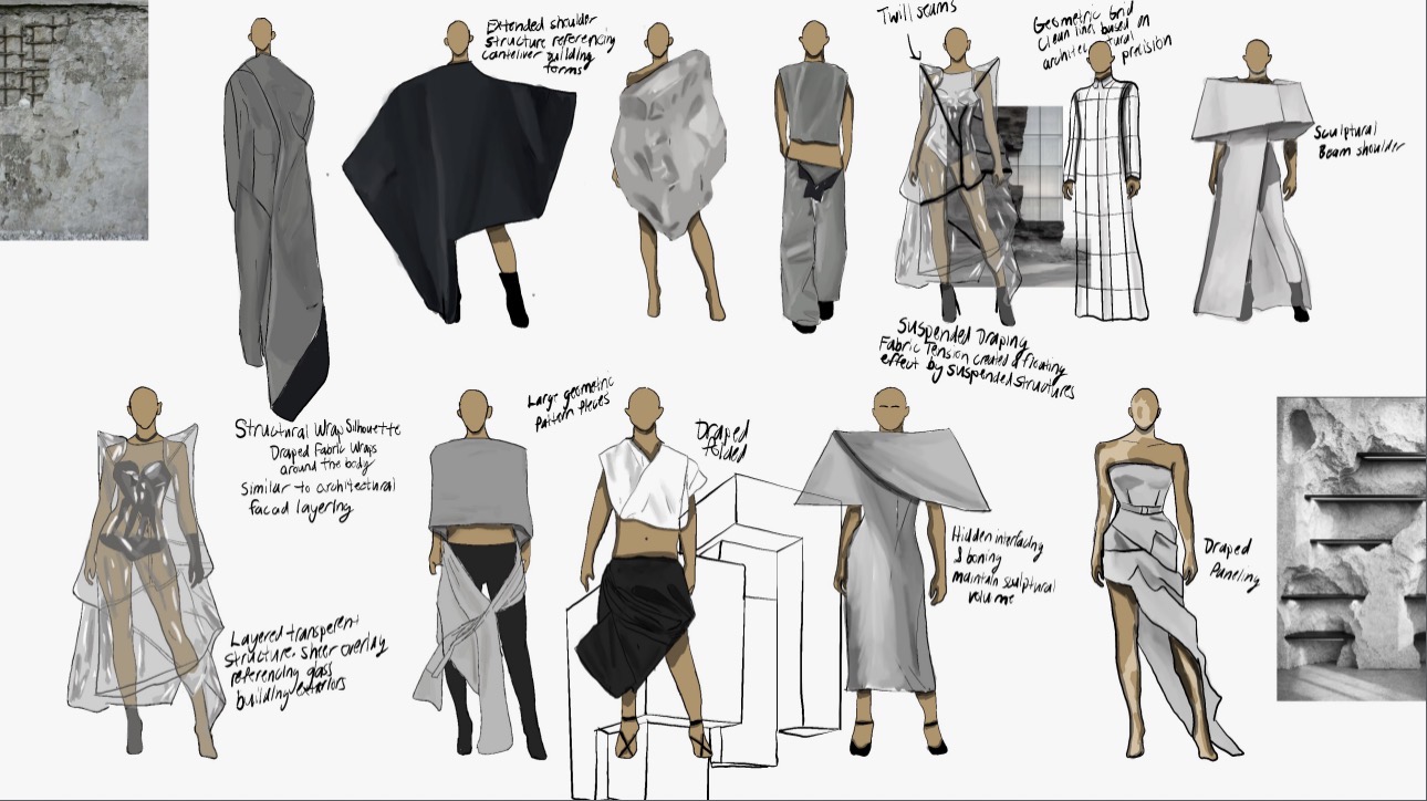 Worn Brutalism — draped silhouettes sketches